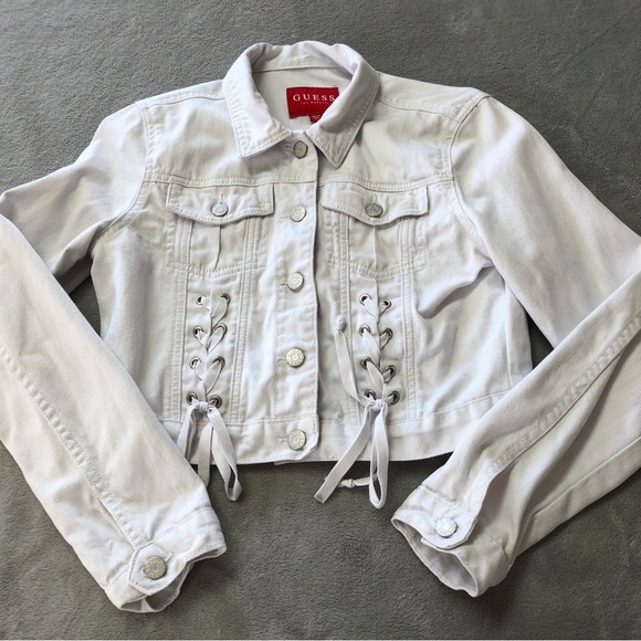Guess White Crop Denim Jacket Lace Up Accents - Picture 3 of 13
